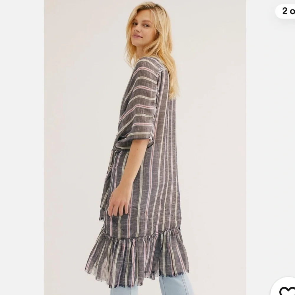 Free People- There She Goes Ruffle Stripe Kimono - Denim - OS